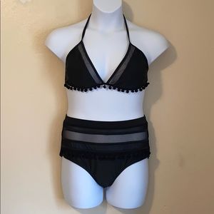 Black Mesh Pom Pom Triangle Bikini